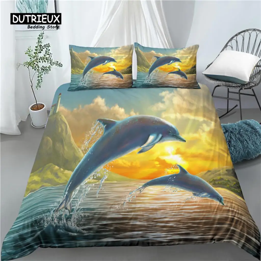 Home Living Luxury 3D Dolphin Print 2/3Pcs Comfortable Duvet Cover PillowCase Kids Bedding Set Queen and King AU/EU/US Size