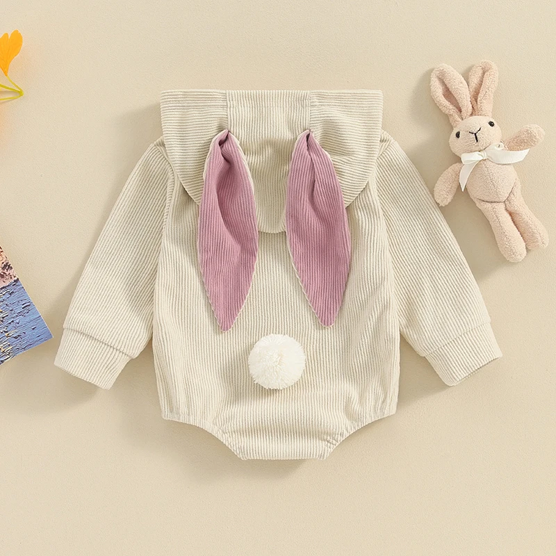 

Baby Girls and Boys Corduroy Romper Cute 3D Rabbit Ear Long Sleeve Hooded Jumpsuit Infant Toddler Easter Clothes