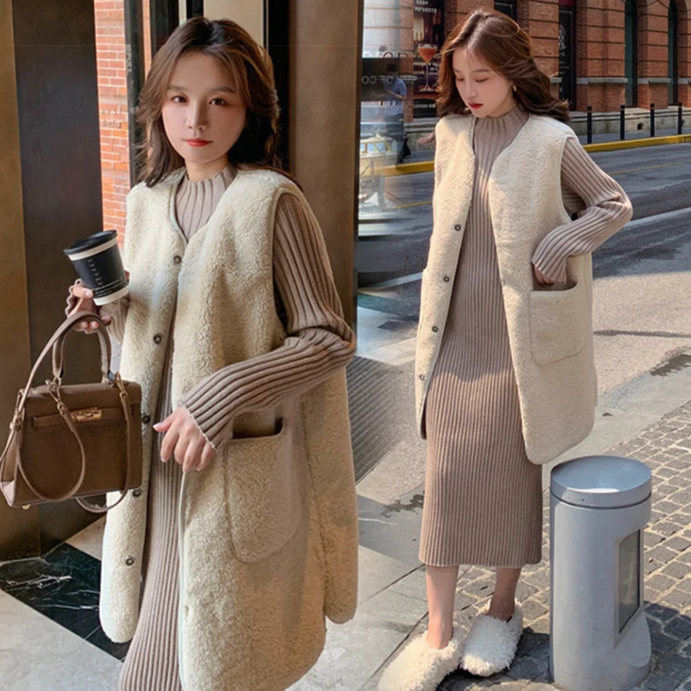 Autumn Maternity Clothing Set Slim Fashionable pregnancy photoshoot Dress Knitting Long Sleeve Korean vest Two Piece Set