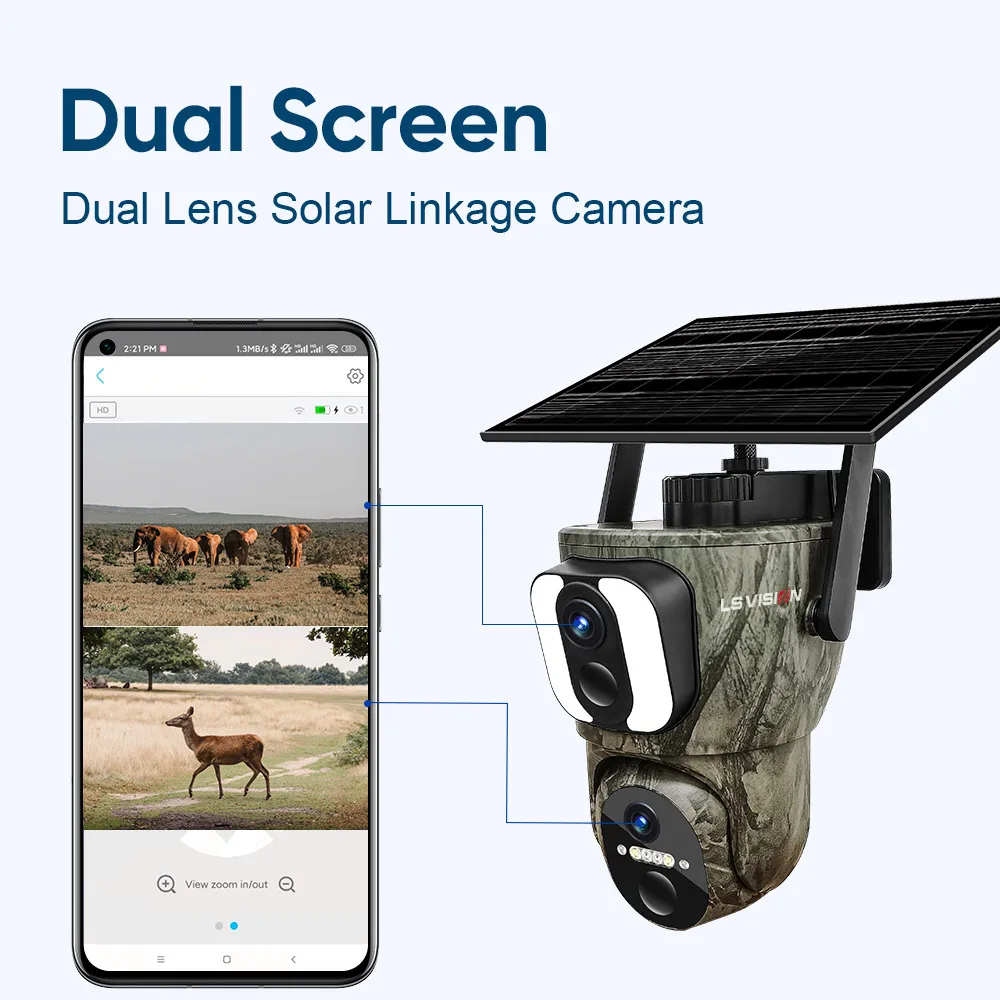 LS VISION 3K Dual Screen WiFi Solar Camera Outdoor Sim 4G Linkage Dual PIR Human/Animal Detection Auto Tracking Wildlife Cameras