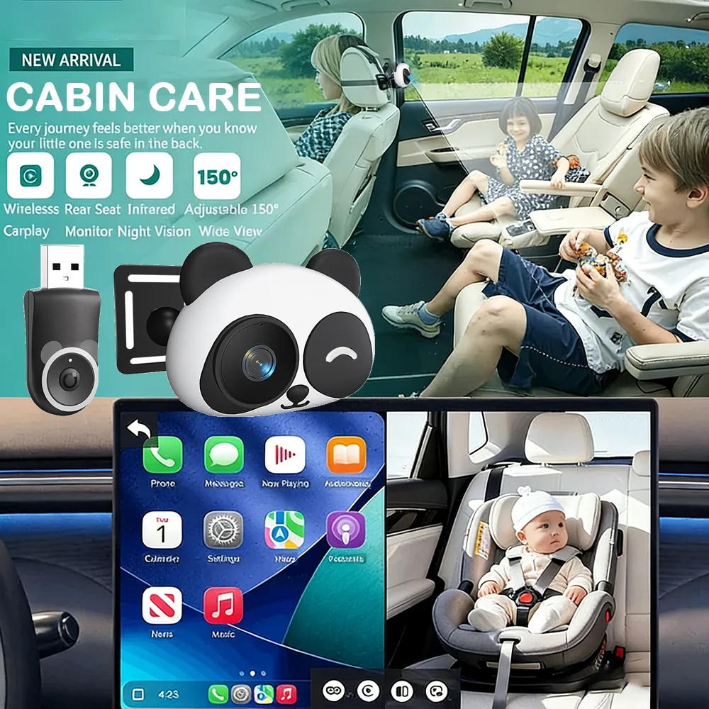 Cabin Care Baby Car Camera Wireless Carplay Adapter 1080P 150° Wide Angle Night Vision Back‑Seat Monitor Easy Install