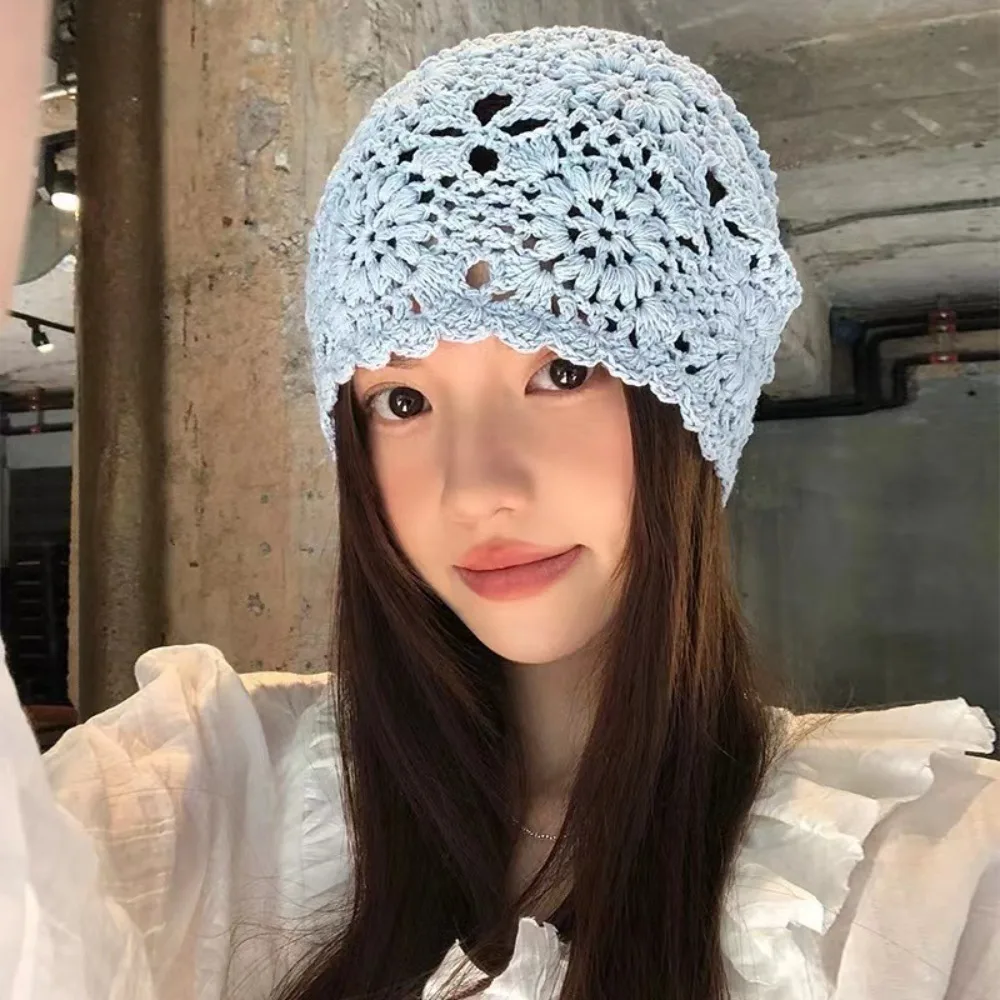 

Bohemian Style Crochet Flower Knitted Hat Handmade Korean Lace Woven Cap Thin Apparel Accessories Hollowed Out Beanie Cap Casual
