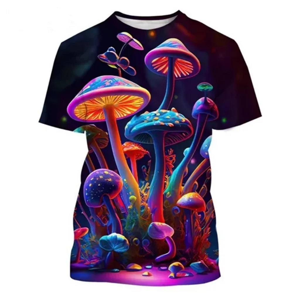 Mushroom 3D Printing T-shirts Plant Mushroom Pattern T-shirts Round Neck Short Sleeve Forest Top T-shirt High Quality Men\'s Wear