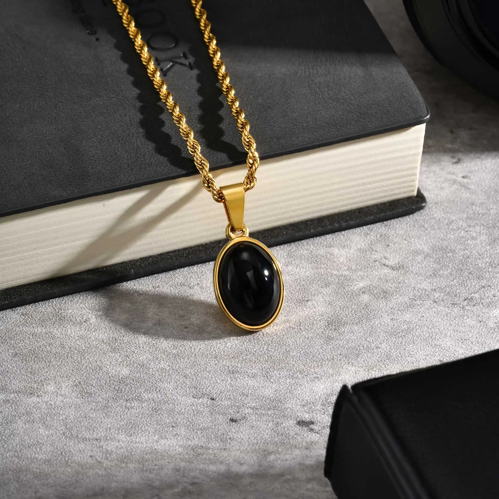 Herren Mode Minimalistische Halskette mit Natürlichem Tigeraugenstein, Edelstahl Geometrischer Anhänger, Punk Vintage Schmuck – Detail 7