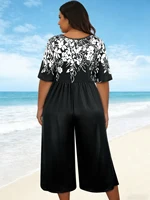 Plus Size Floral Print Half Sleeve Culotte Jumpsuit,V Neck Loose Casual Romper With Side Pockets,Summer Beach Vacation Outfit - Image 3