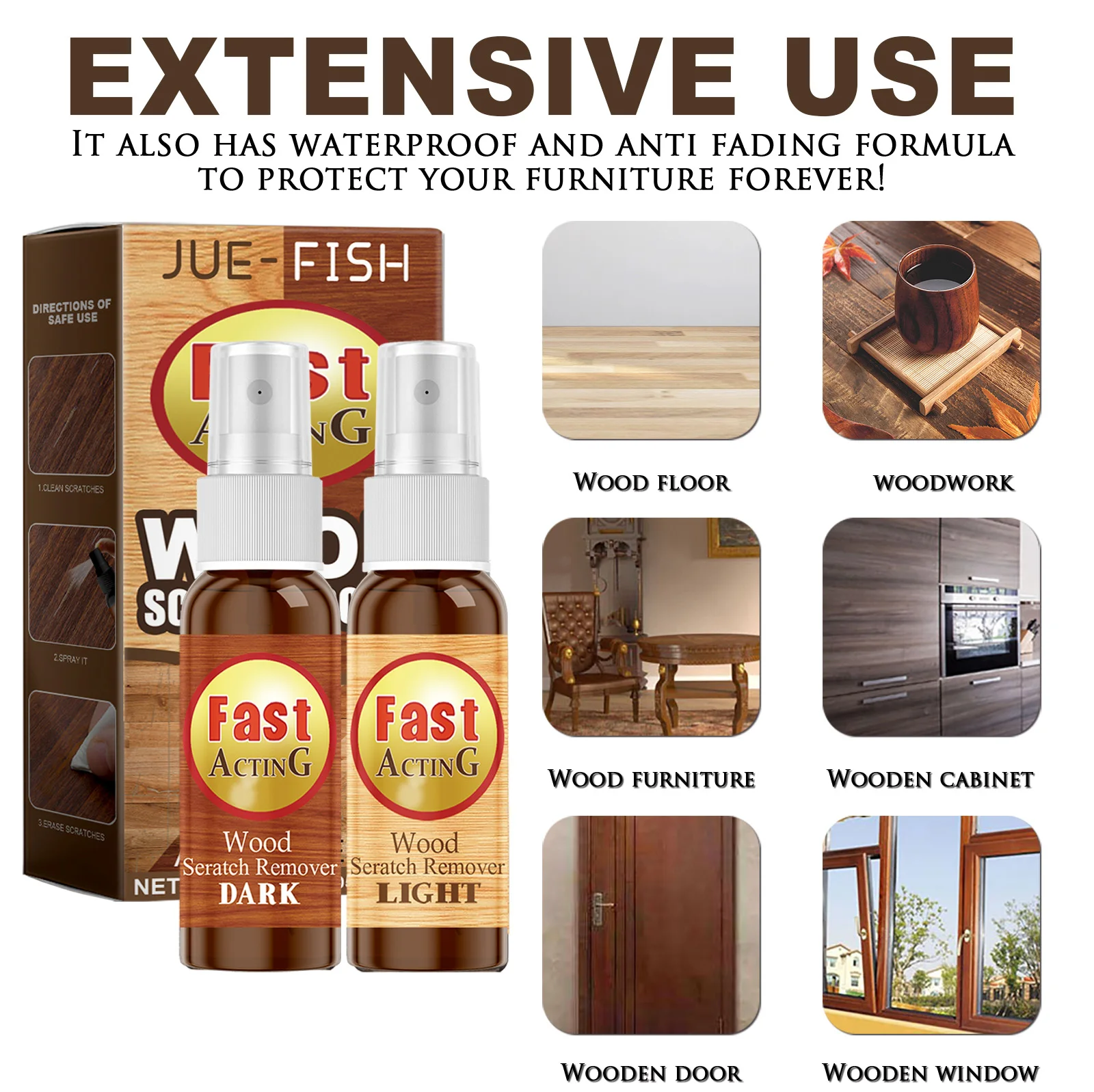 JUE-FISH الخشب الطابق خدش إصلاح طقم رذاذ للأثاث الخشبي الصلب صفح حشو فوري مرمم خيارات ألوان فاتحة داكنة