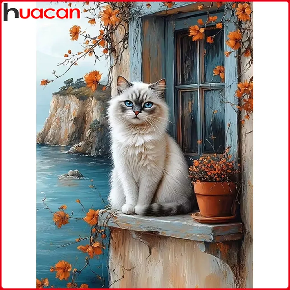 Huacan 5D DIY Diamantmalerei Katze am Meer Diamant-Mosaik Tier-Landschafts-Set Dekorative Gemälde