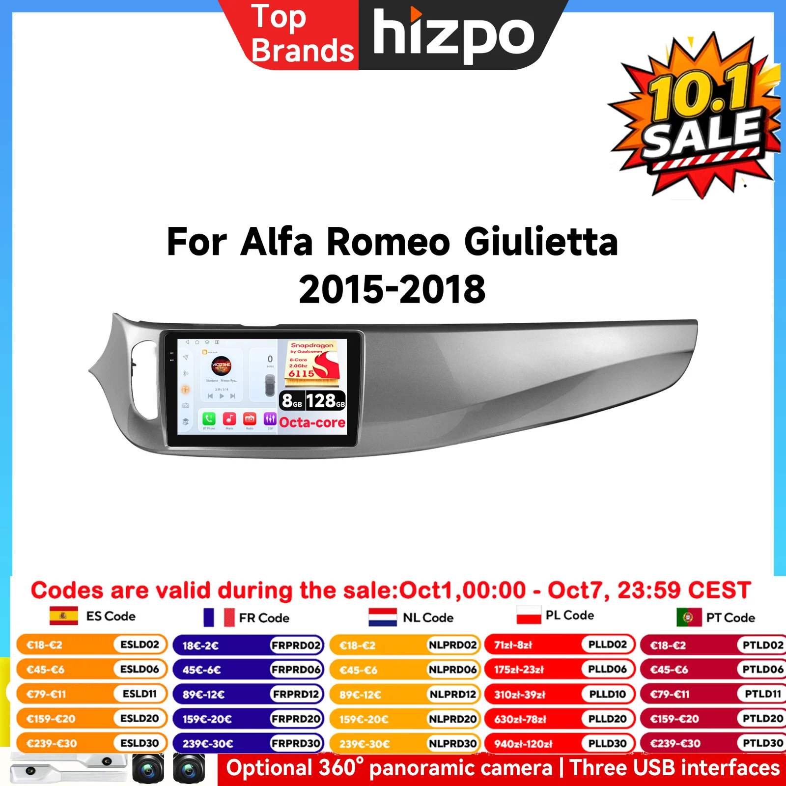 Autoradio Android Hizpo Snapdragon per Alfa Romeo Giulietta 2015-2018, Lettore Multimediale per Auto con Schermo Intelligente e Carplay