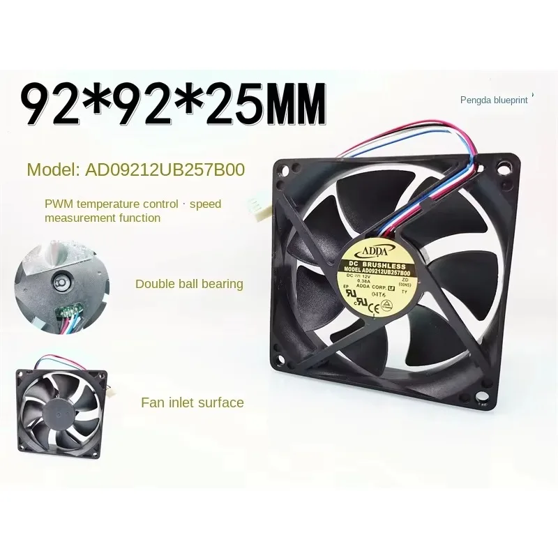 pa New ADDA AD09212UB257B00 Double Ball 9225 9025 Temperature Control PWM 12V 0.38A Fan