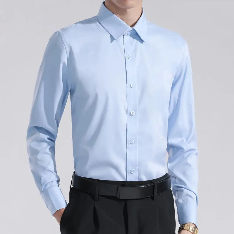 White Slim Fit Business Casual Youth Shirt Korean Fashion Mens  Collar Fleece Lined Thickened Autumn Spring Shirt