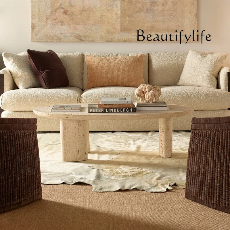 Natural Stone Living Room Furniture Designer Travertine Coffee Table Oval Center Table, Custom