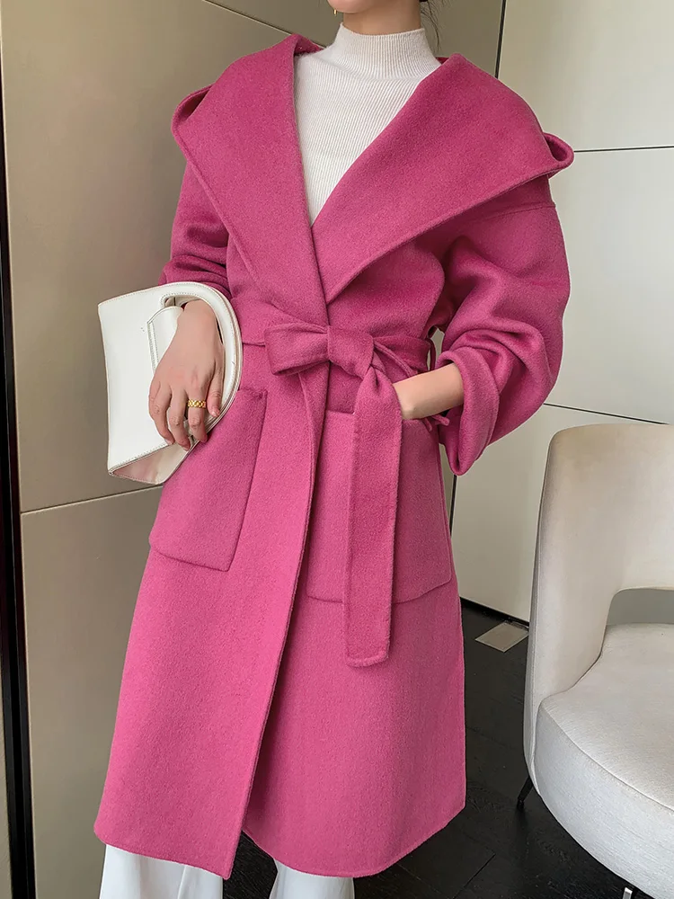 

24 Spring and winter new double-sided wool coat women's long high-end lapel hooded coat Water ripple fabric with belt