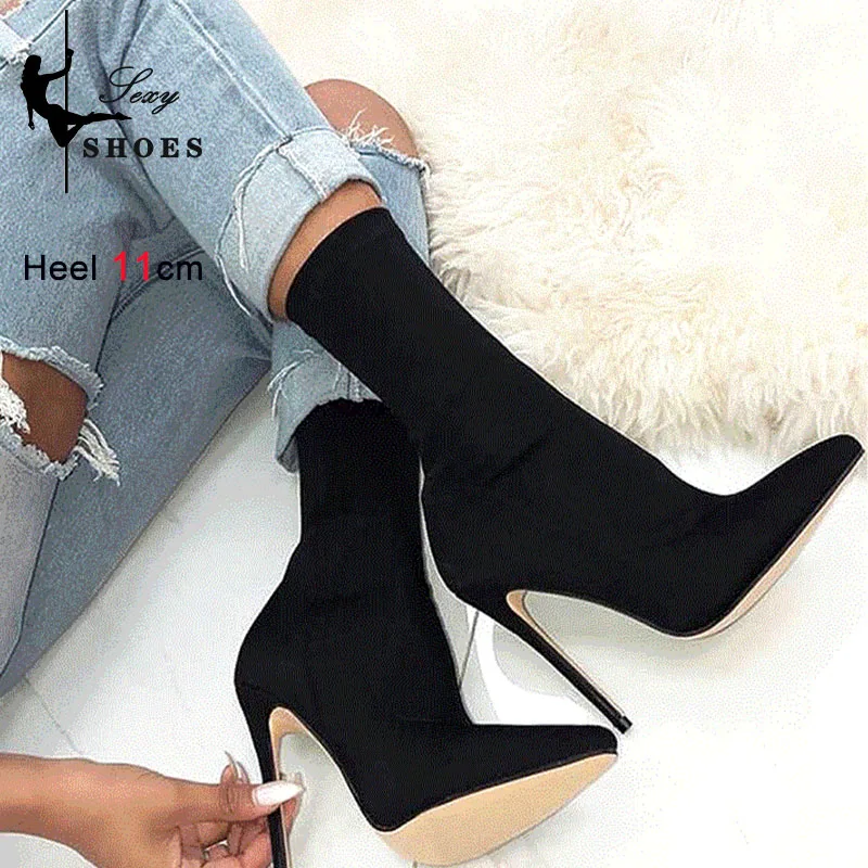 Ankle Boots Stretch Fabric Stiletto Heels Spring Autumn New Pointed Toe Female Shoes Office Fashion Women Big Size Single Boots