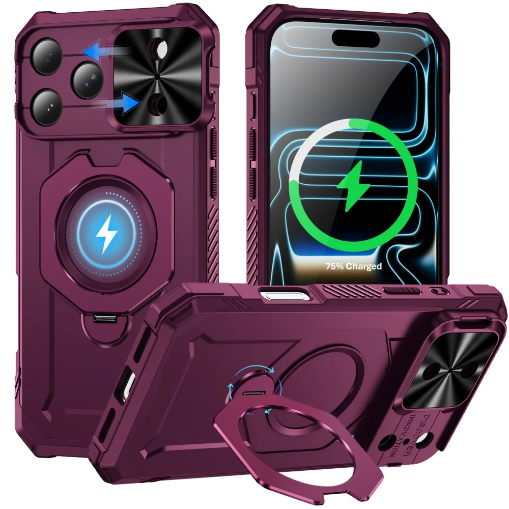 Luxury Mecha Armor For Magsafe Magnetic Stand Holder Case For iPhone 15 16 Plus 17 18 Pro Max 16E Slide Camera Protection Cover