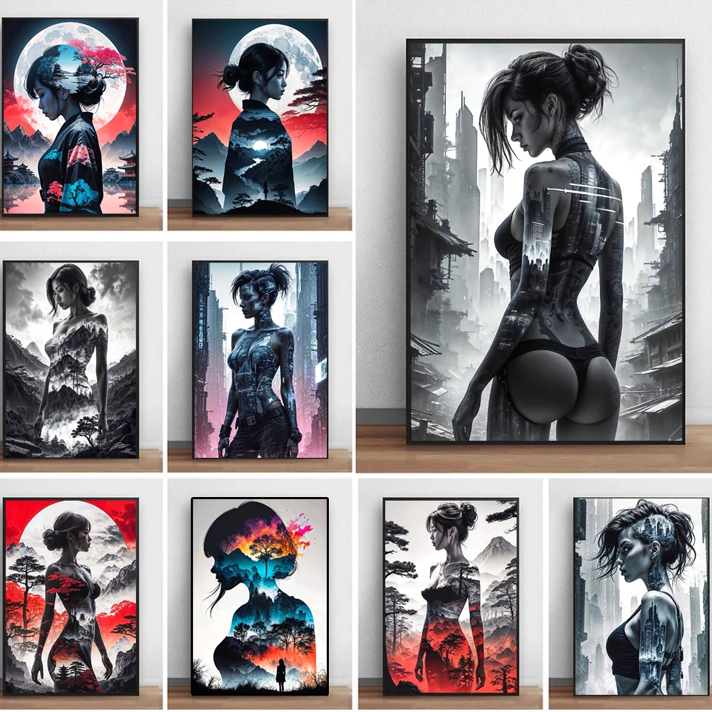 

Surreal City Architecture And Female Silhouette Art Poster Print Sexy Cyberpunk City Girl Canvas Painting Living Room Home Decor