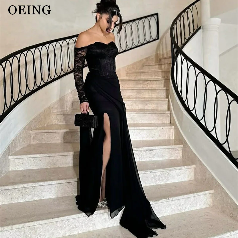 

OEING Elegant Mermaid Prom Dresses Off Shoulder Lace Floor-Length Side Slit Party Gowns שמלות ערב Customized