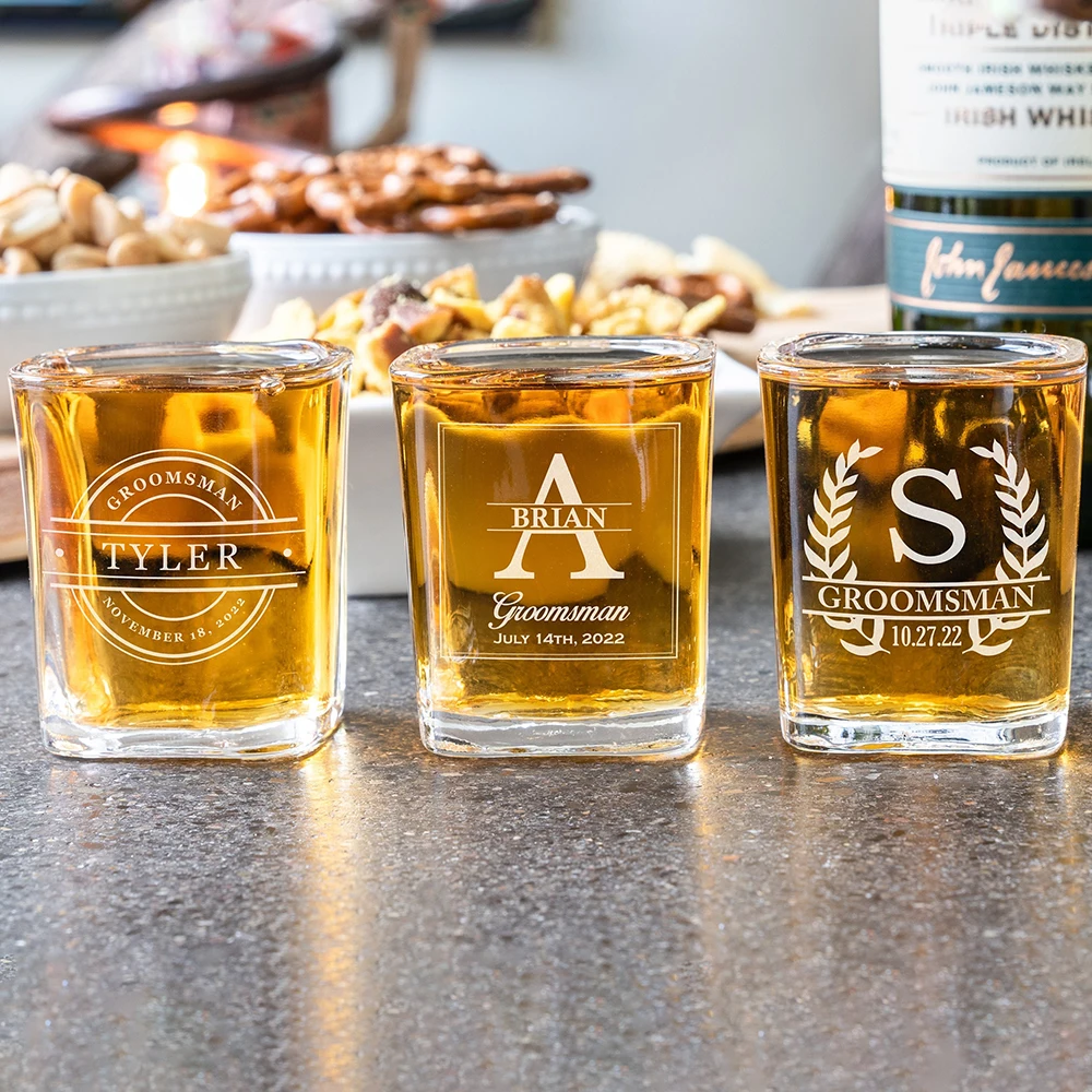 Personalized Gift for Groomsman Square Shot Glasses Wedding Party Best Man Engraved Shot Glasses Father of the Groom Proposal