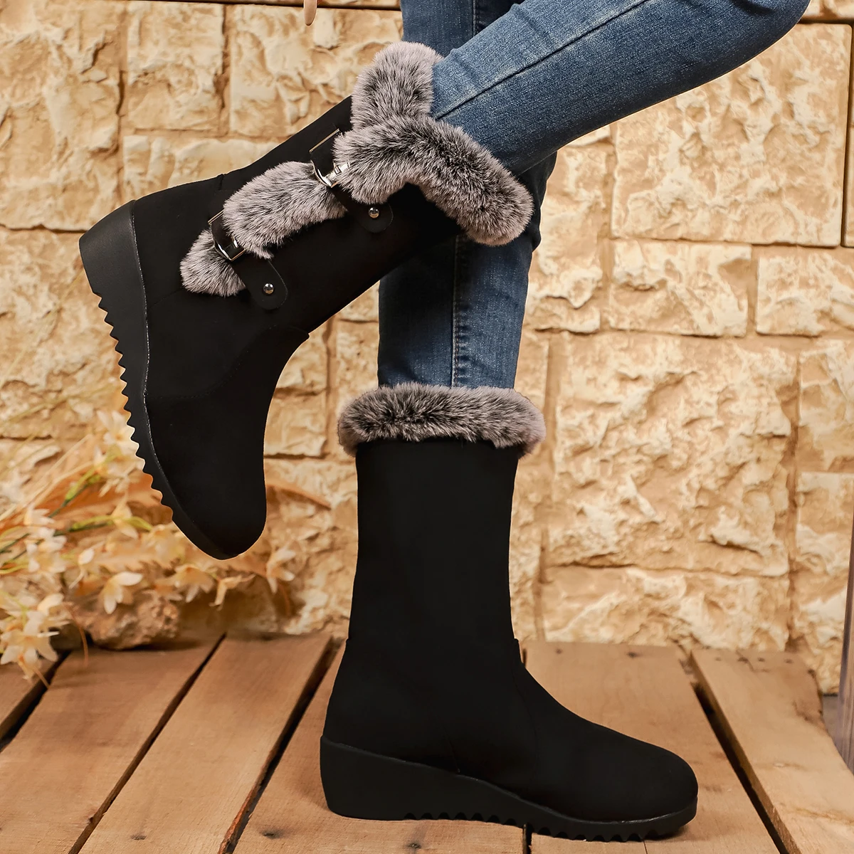 Women Snow Boots Fluffy Fur Wedge Heel Suede Ankle Boots Women Winter Warm Shoes Thick Plush Non Slip Metal Buckle Short Booties