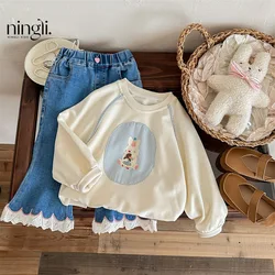 Autumn Kid Girl Sweatshirt Cotton Patched Plaid Rabbit Long Sleeve Toddler Girl Pullovers Loose Versatile Children Girl Hoodies