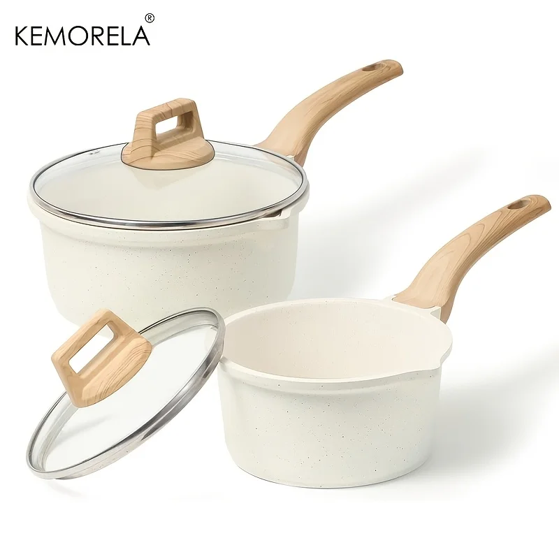 1PCS Non-Stick Saucepan Set with Lid - Induction Compatible Pour Spout Light Beige with Wooden Handles Ideal for Kitchen Cooking