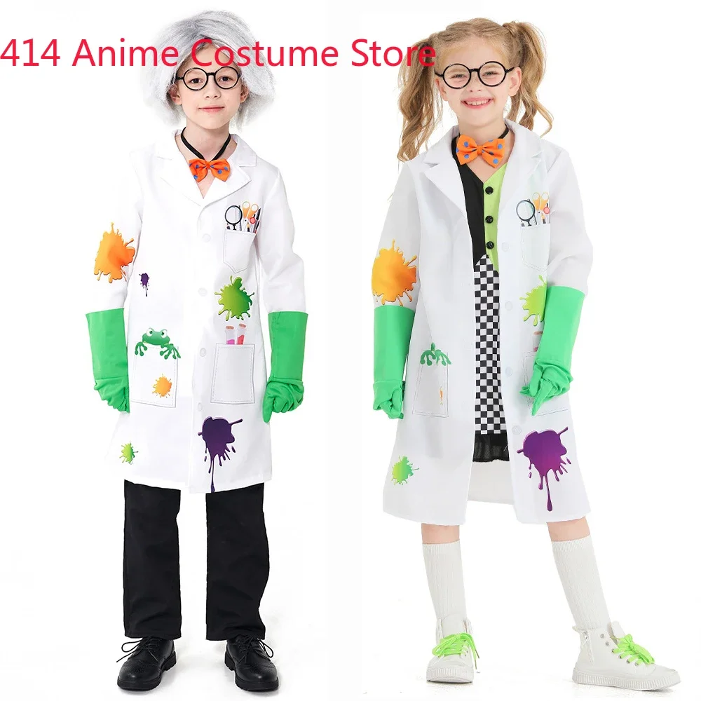 Child Kids Mad Crazy Scientist Costume Evil Doctor Cosplay for Boys Girls Lab Coat Outfit Size 2-12T Halloween