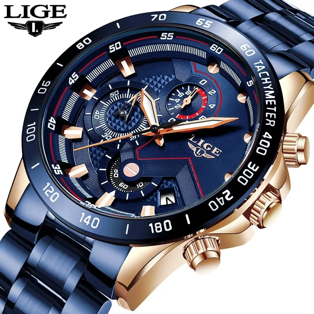 LIGE New Fashion Watches Men Stainless Steel Top Brand Luxury Sports Chronograph Quartz Watch Men Clock Man Relogio Masculino