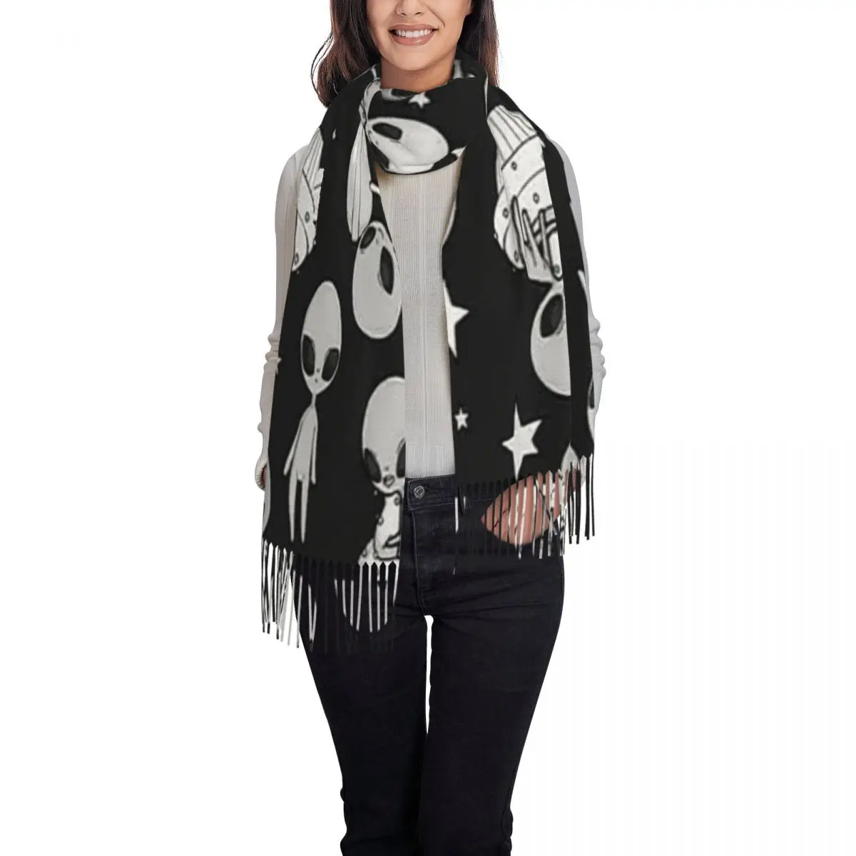 الكون الغريب الأخضر رائع الكون مع الكوكب والنجوم وشاح شرابة الأوشحة النساء شالات ويلتف شتاء كبير شال التفاف