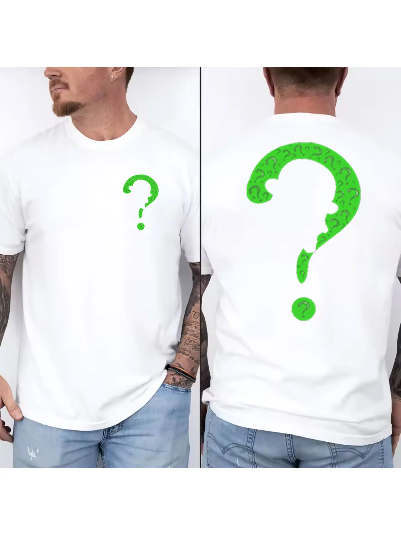 Men's Cotton Short Sleeve T-Shirt, Green Question Mark Pattern Crew Neck Tee, Casual Breathable Lightweight Top for Daily Wear