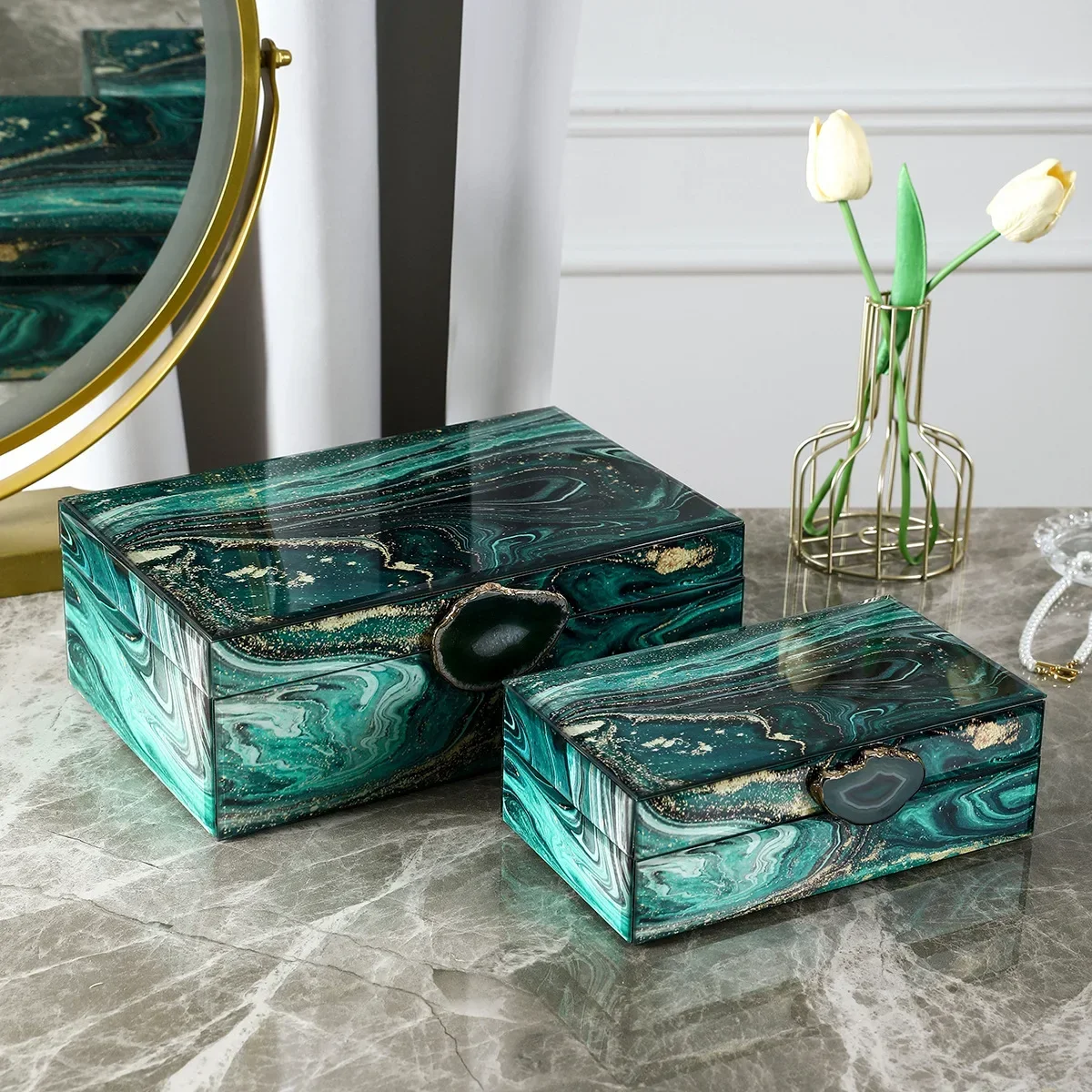 New Jewelry Storage Box Marble Pattern Glass Mirror Storage Box Lockable Ring Bracelet Earring Storage Box Jewelry For Women