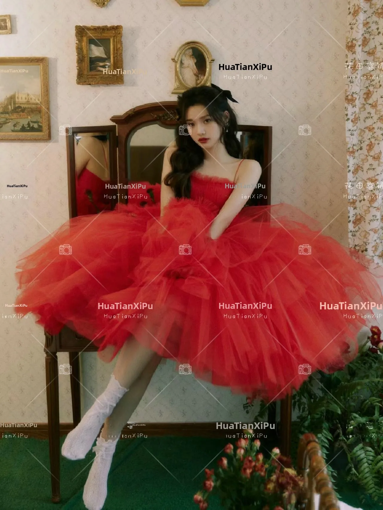 

Red Princess Skirt Photography Costume Retro Art Photo Shoot Wedding Dress Atmosphere Sensation Girl's Fashion Hanfu Stage Co...