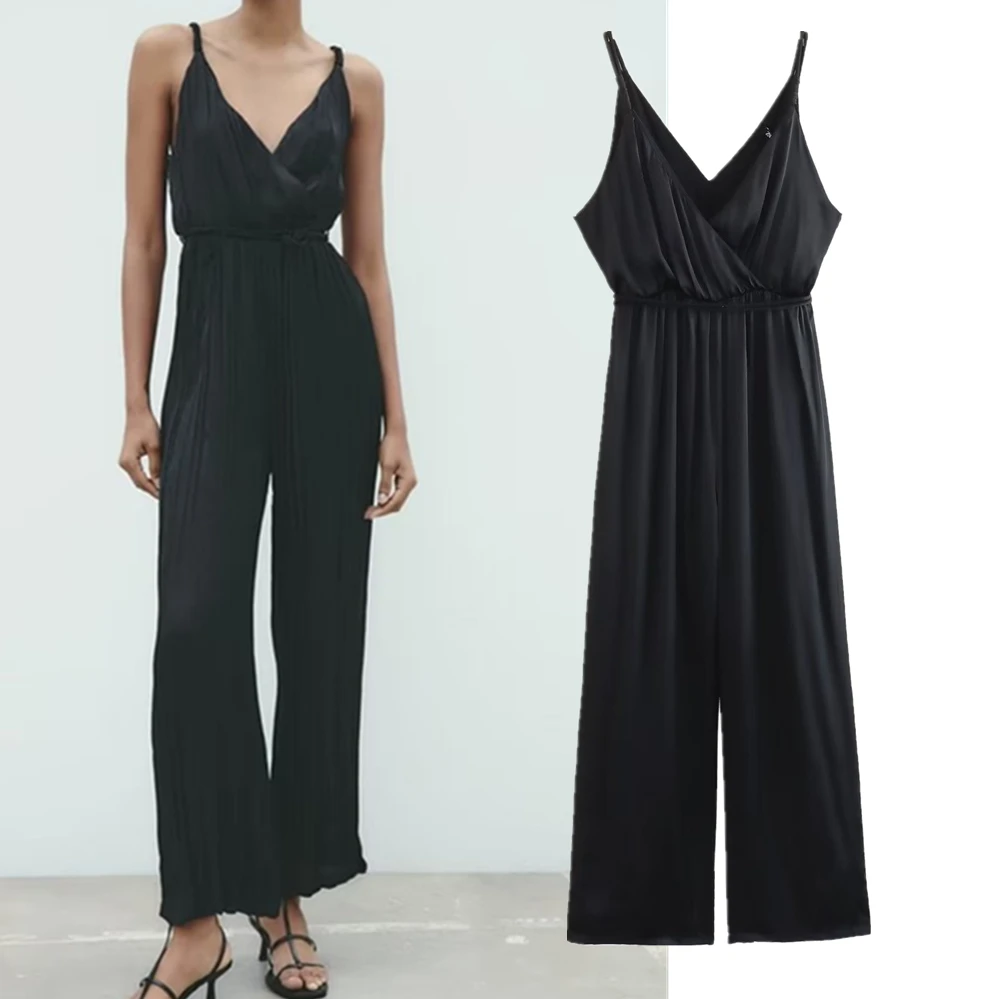 

Withered French Elegant Satin Black Color Pleated Suspenders Jumpsuit Women Fashion Ladies Casual Overalls