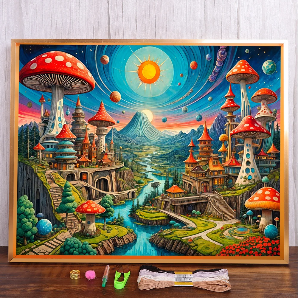 

Scenery Mushroom House Cross Stitch Complete Kit DIY Embroidery Knitting Painting Handmade Sewing Counted Wholesale Home Decor