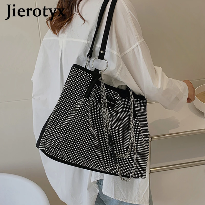 JIEROTYX Fashion Rhinestone Shoulder Tote Bag with Chain Vintage Gothic Handbags for Women Travel Shopper Totes Large Capacity