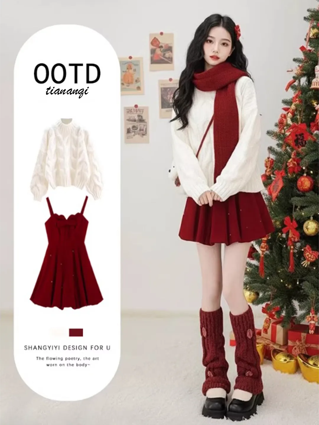 

Christmas Atmosphere Knitted Sweater Set for Women with Red Bow Tie Skirt Long Sleeve Casual Style Autumn Winter Spring
