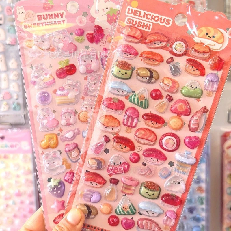 3D Relief Stickers, Cute Sushi Rabbit Cat Crystal Sticker, Cartoon Solid Puffy Decal for Kids Journal Scrapbook DIY