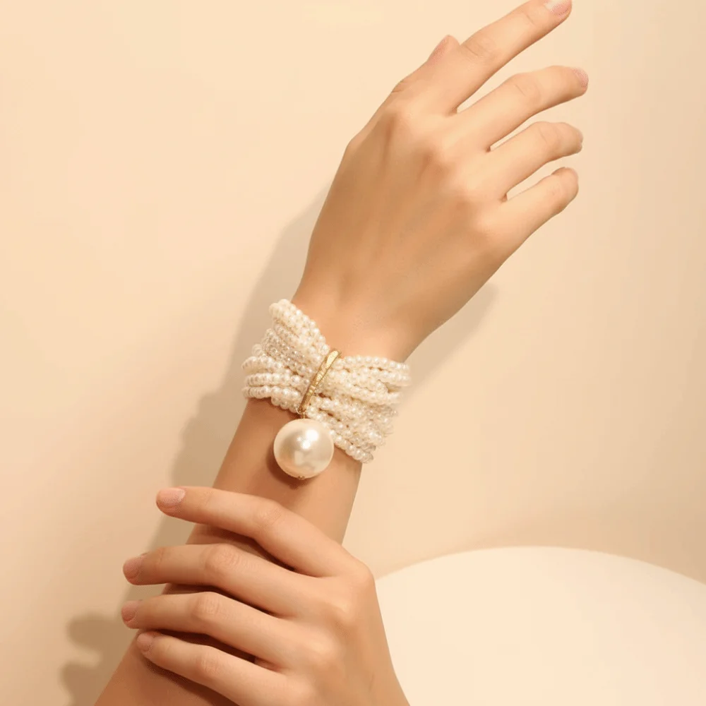 

Statement Jewelry Multi-Strand Pearl Bracelet Stretchy Gold-Plated Cuff Bangle Vintage Elastic Beaded Wristband Ladies