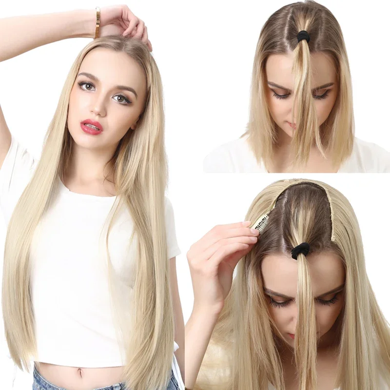 Synthetic U Part Half Wig Blonde Ombre Long Straight Shapped Head Cheap Black Honey Blonde 613 28 inch Hair Female For Women 02