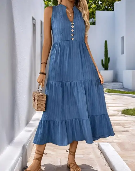

Summer Solid Color V-Neck Button Decoration Sleeveless Vest Dress for Women's Casual Loose Vacation Beach Style A-Line Dress