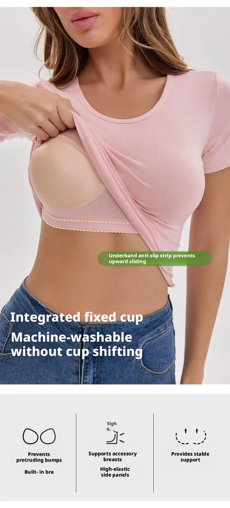 Ubowen Für 40-90 kg große Frauen, Übergrößen-T-Shirt mit kurzen Ärmeln, integriertem BH, Rundhalsausschnitt und festem Körbchen. – Detail 3