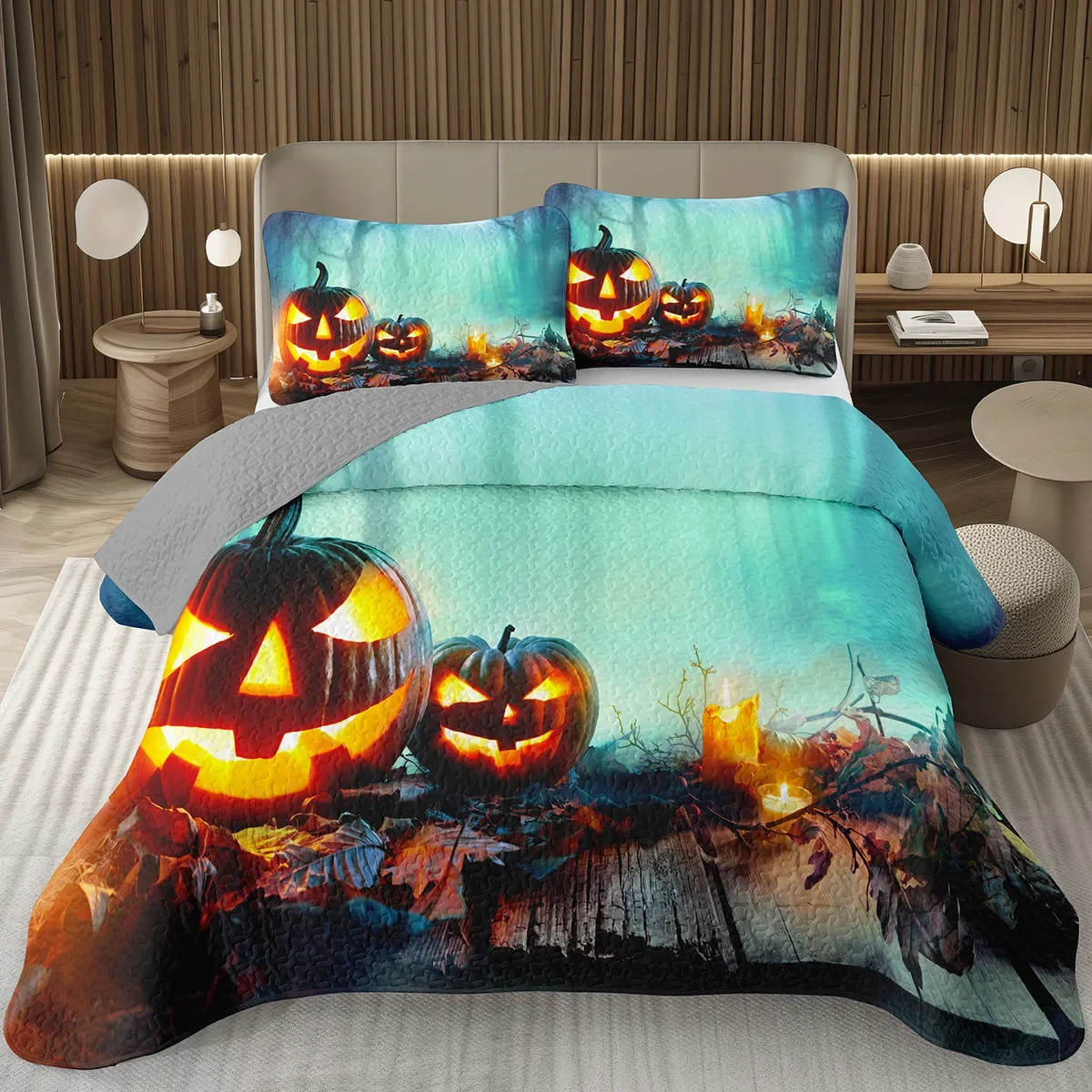 

Halloween Bedspread Set Twin Queen Size Horror Pumpkin Lights Quilt Set for Boys Adult Room Decor Gothic Halloween Coverlet Set