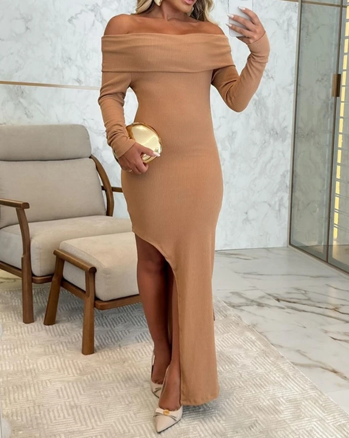 Off Shoulder Side Slit Long Sleeve Casual Dress