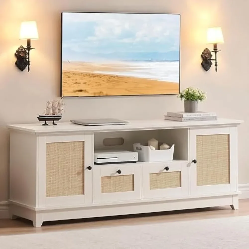 

70 inch rattan TV cabinet, modern entertainment center, Bohemian TV console with 2 cabinets and drawers in white