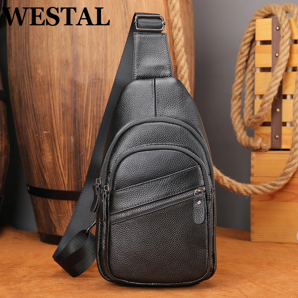 WESTAL Leather Sling Bag Men\'s Side Bags Casual Sport Chest Pack Genuine Leather Shoulder Bags Black Travel Chest Bag 1808