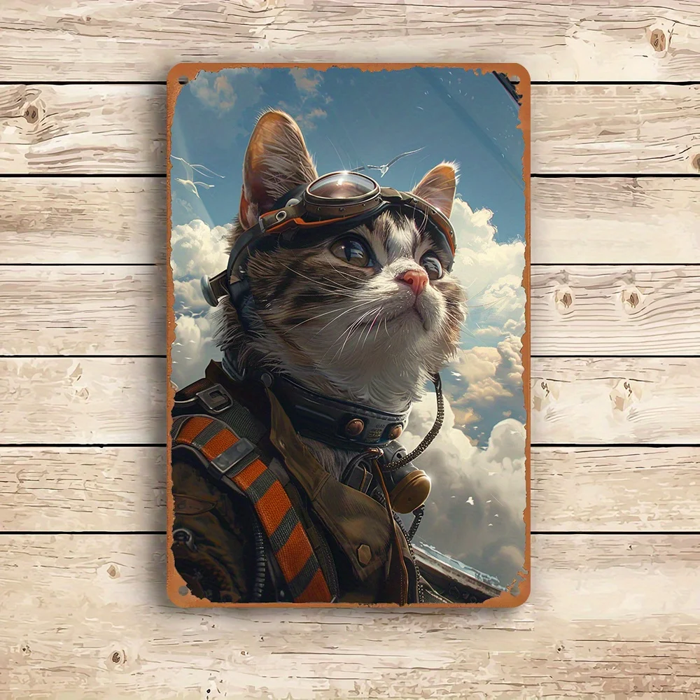 1 STÜCK Schrullige geflügelte Katze Pilot Metall-Eisen-Schild – antike Fluggesellschaft Kitty Wandkunst Eisen Heimdekoration für Wohnzimmer Café Geschenke