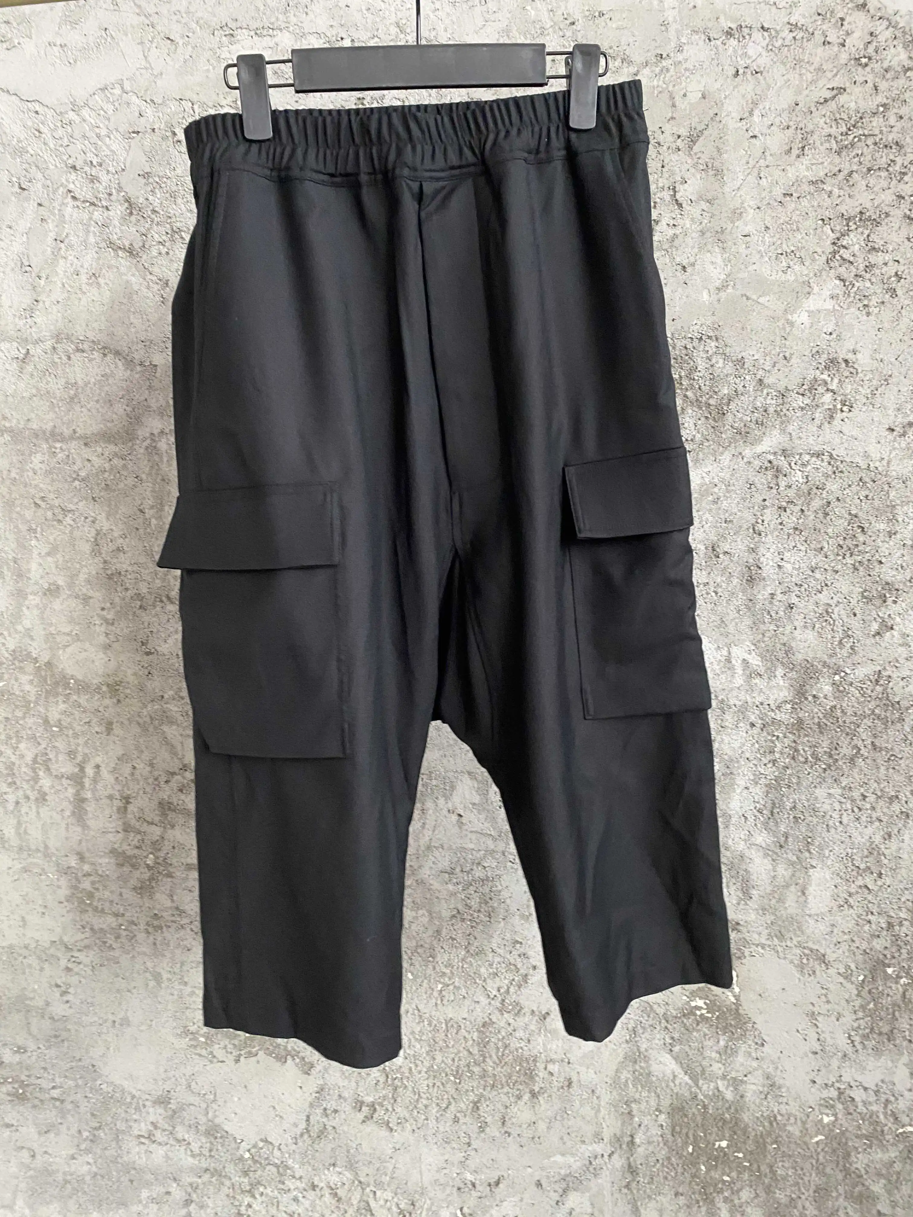 

TOP-YAMAMOTO black straight-leg cargo pants, large pocket wool trousers, wide-leg drape loose casual pants