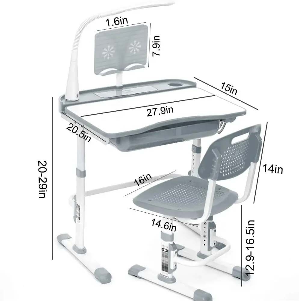 Kids Desk and Chair Set w/LED Light, Height-Adjustable for Age 7-15 | Ergonomic, Adjustable Tilted Desktop, Spacious Storage