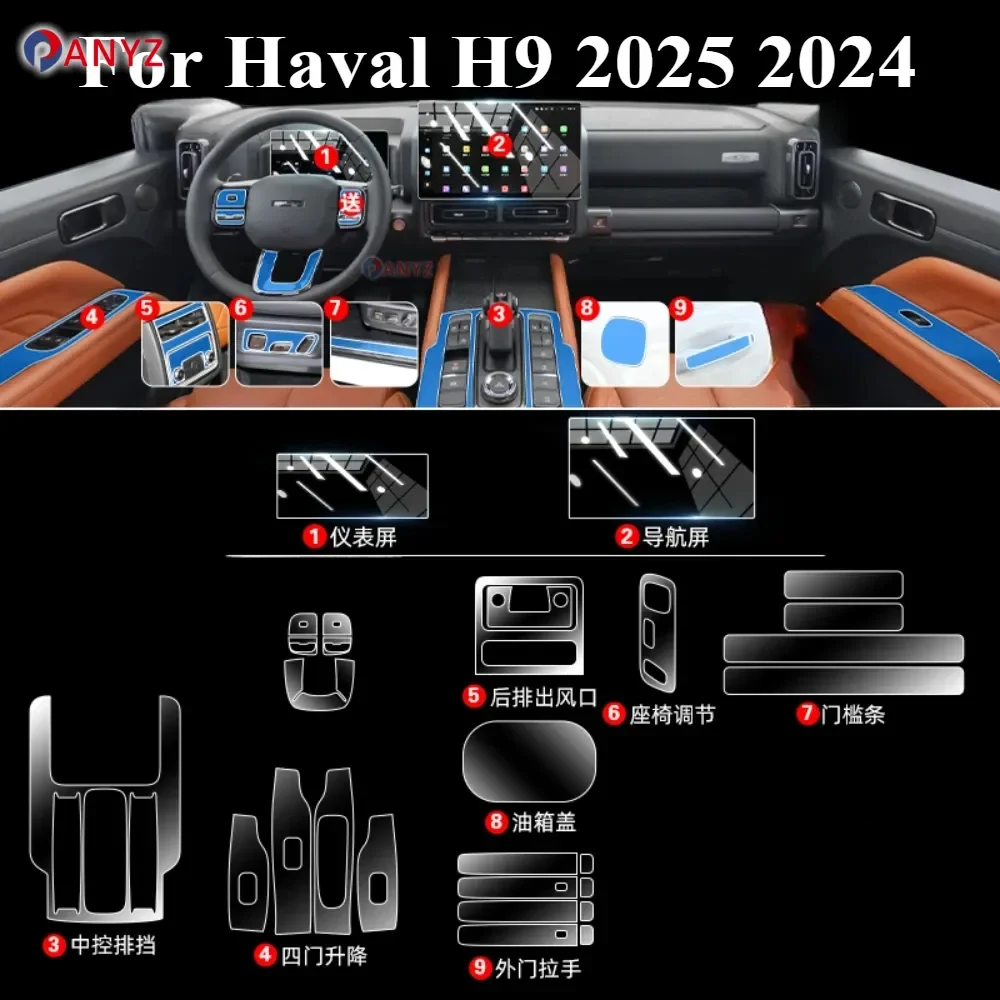 For Haval H9 2025 2024 Interior Accessories Film Transparent TPU Gear Panel GPS Navigation Center Console PPF Protection Sticker