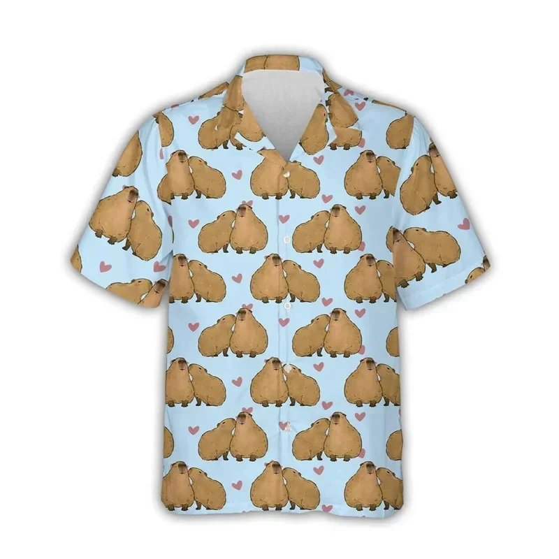 Vintage 3D Cute Animal Capybara Print Shirts Men Hydrochoerus Hydrochaeris Graphic Short Shirts Cute Streetwear Shirts & Blouses