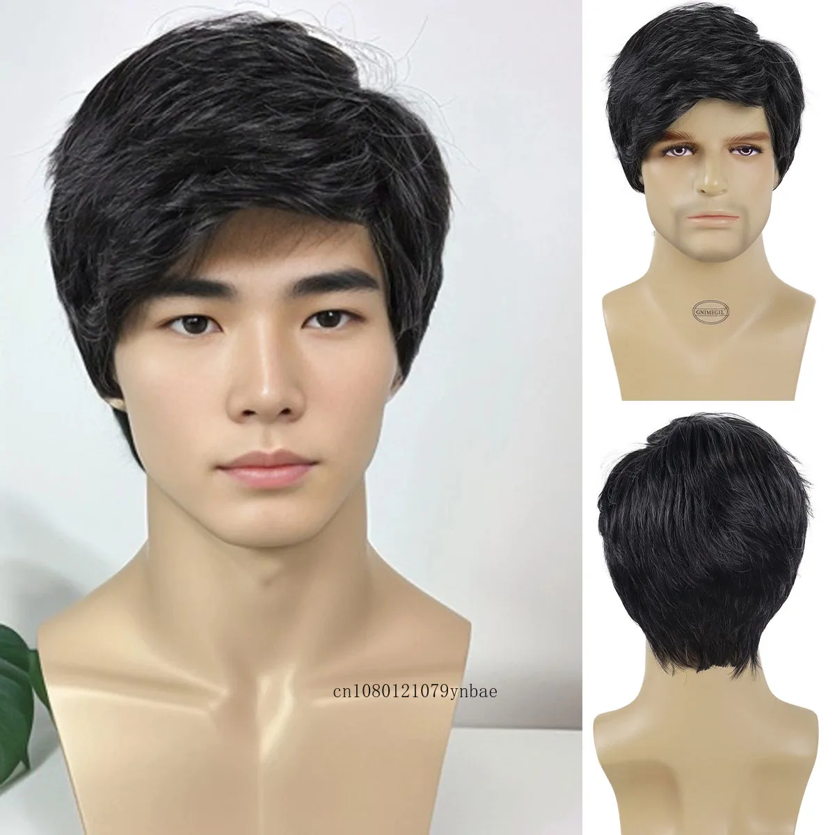 Wig pendek potongan rambut pria rambut sintetis campuran hitam tua Wig pria sehari-hari Cosplay kostum Halloween pesta karnaval lembut alami