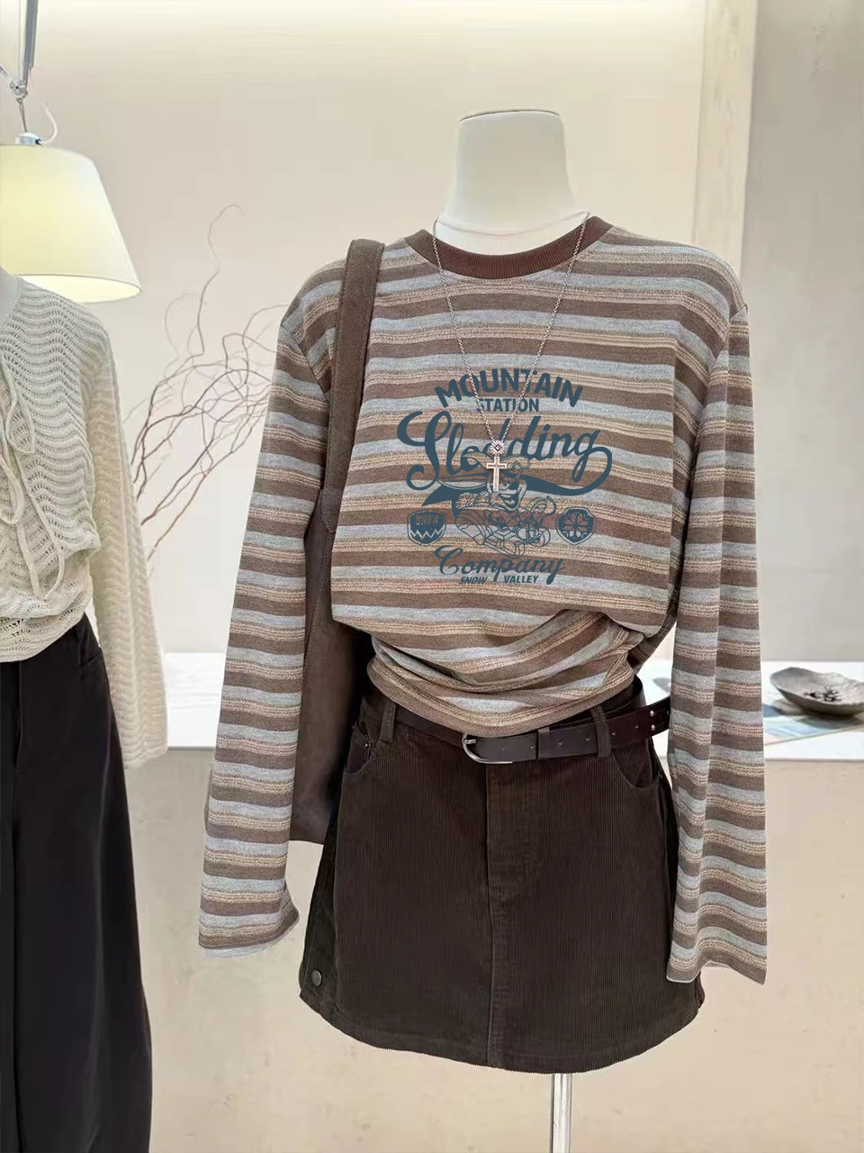 Retro Korean Striped Long Sleeve T-Shirt Women's Loose round Neck Basic Style Versatile Overhead Top Cotton Comfortable Fit